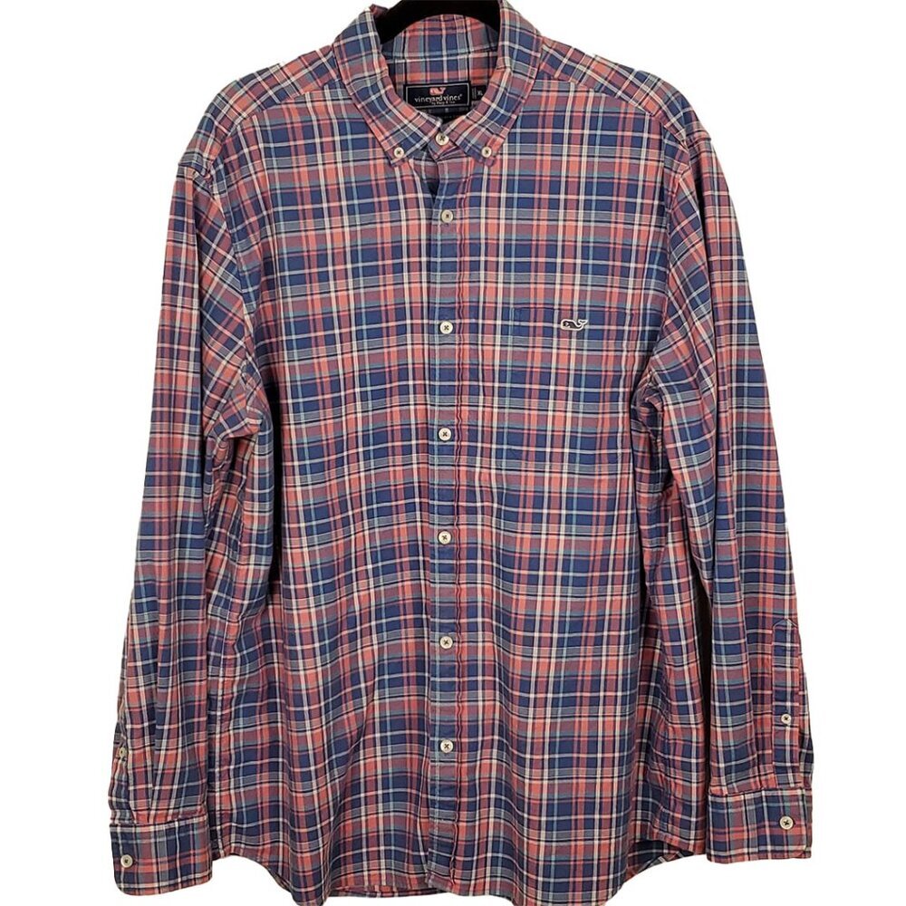 Vineyard Vines by Shep & Ian Mens Long Sleeve Button Up Shirt XL Blue Pink Plaid